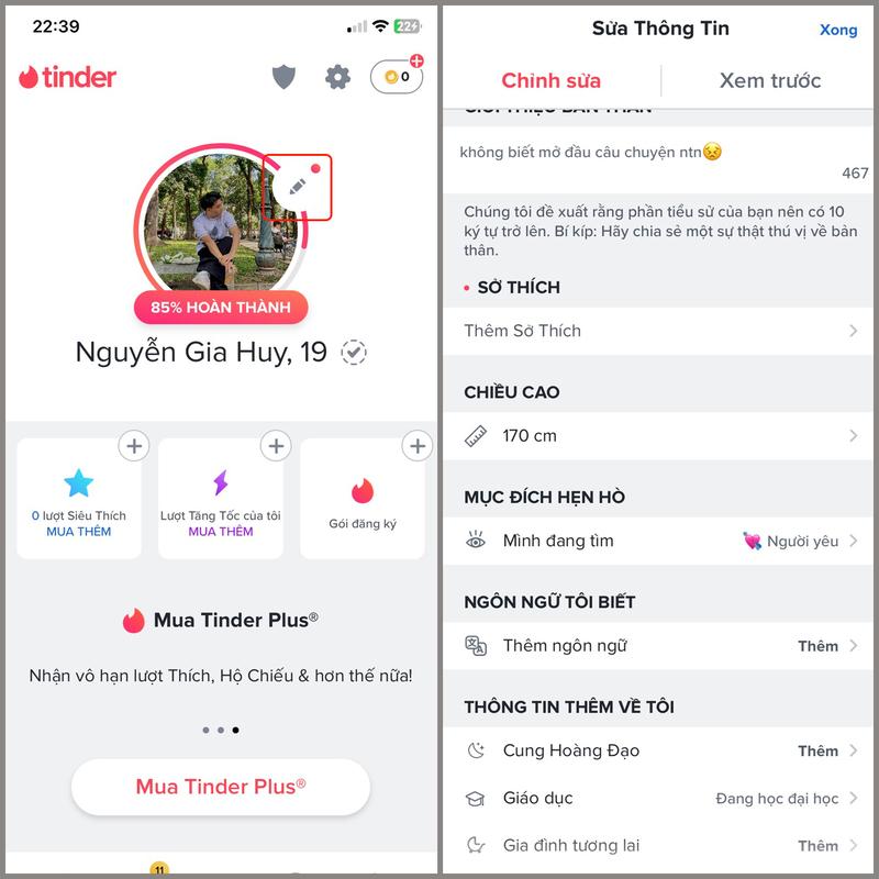 Editing personal information on Tinder