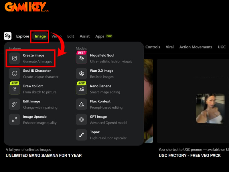 Image creation selection in Higgsfield AI