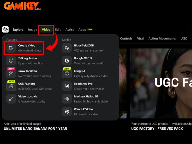 Video creation entry point in Higgsfield AI
