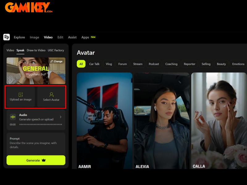 Avatar creation process in Higgsfield AI