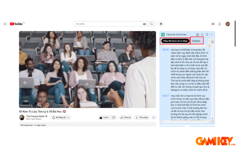 Bạn có thể chọn Transcript & Summary