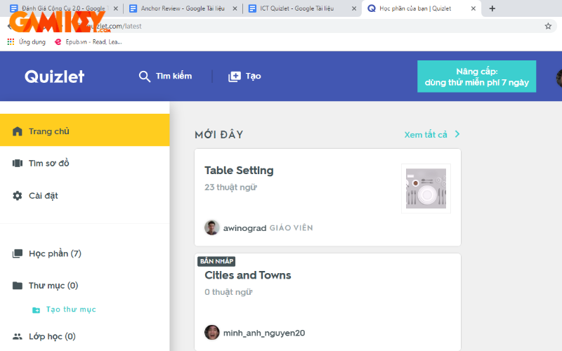 Quizlet app interface for students