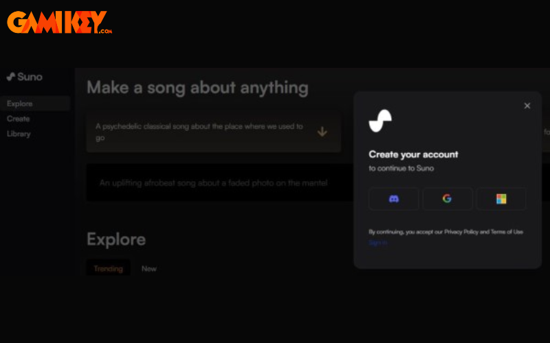 Suno AI login screen