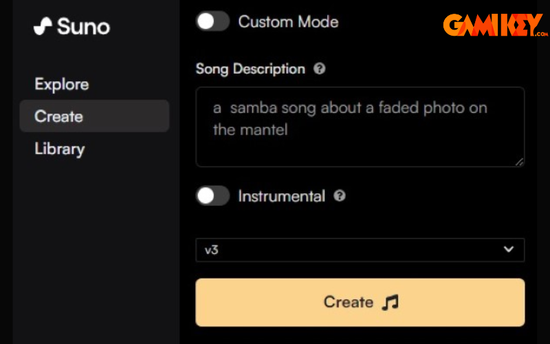 Suno AI creation interface