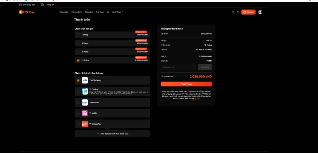 FPT Play Premier League subscription plans